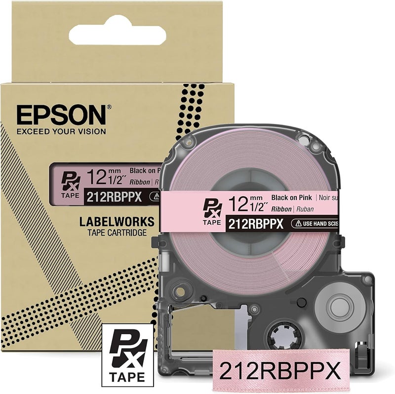 LABELWORKS Epson 212RBPPX Genuine PET (Polyester) Tape Cartridge - Black on Pink Ribbon Designer Craft Label Maker Tape - 1/2" (12MM) Wide, 16' - Image 1